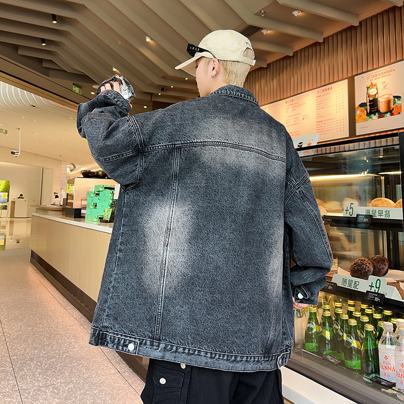 2024春季牛仔外套男港风宽松上衣服高街休闲夹克潮-J15-P68烟灰,男装夹克,星座307-3(原516-1)