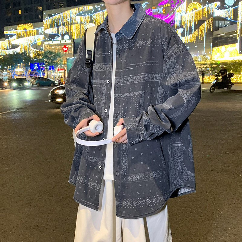 美式复古拼接长袖衬衫男女秋季港风情侣衬衣外套-CS616-P58-蓝色,男装衬衫,星座307-3(原516-1)
