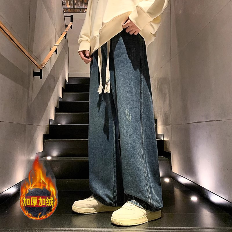 牛仔裤男2024冬季宽松直筒阔腿ins潮牌裤子-BK122-加绒款-P55-黑,男装牛仔裤,星座307-3(原516-1)