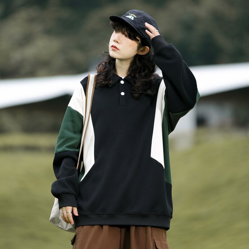 山系男女情侣款上衣设计感翻领23秋季拼接撞色卫衣-2385-咖啡P55,男装卫衣,星座307-3(原516-1)