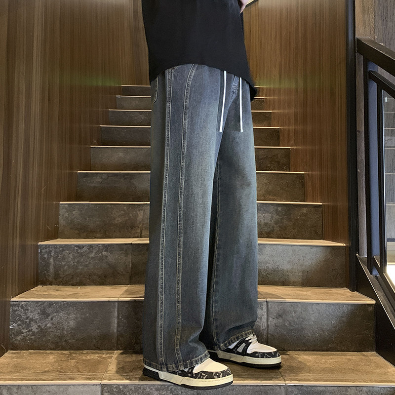 黑色牛仔裤男秋季宽松侧条纹水洗直筒裤美式长裤-BK802-P48复古蓝,男装牛仔裤,星座307-3(原516-1)