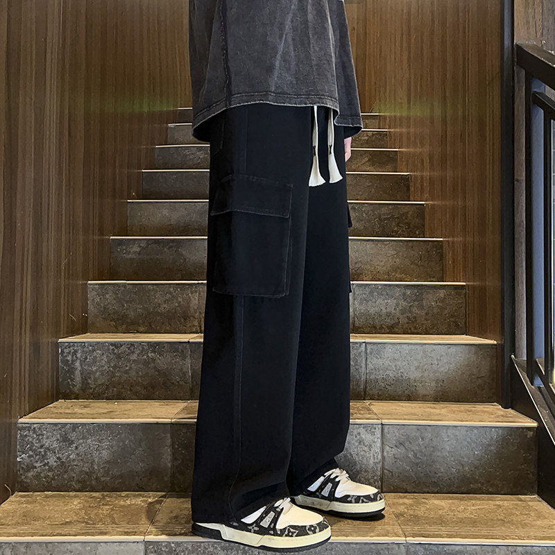 牛仔裤男秋季2023潮牌高街阔腿设计感直筒工装长裤-BK801-P48浅蓝,男装牛仔裤,星座307-3(原516-1)
