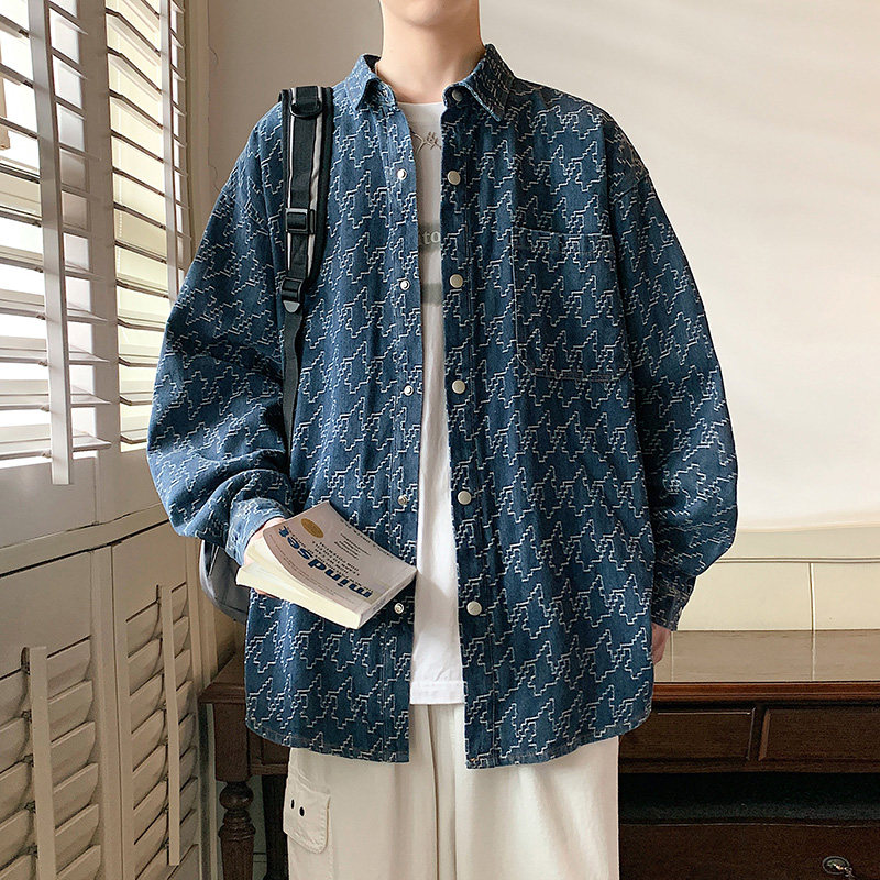 23ss新款老花满印字母衬衫外套男情侣长袖牛仔衬衣-CS621-P65泥黄,男装衬衫,星座307-3(原516-1)