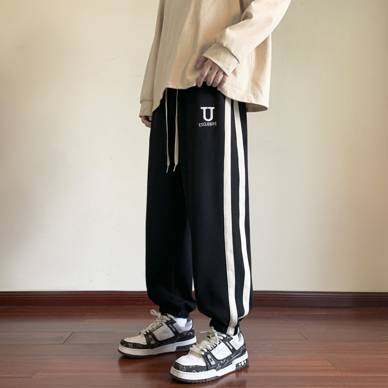 秋季裤子男侧边条纹宽松束脚大码美式运动休闲九分裤-K653-P50黑,男装休闲裤,星座307-3(原516-1)