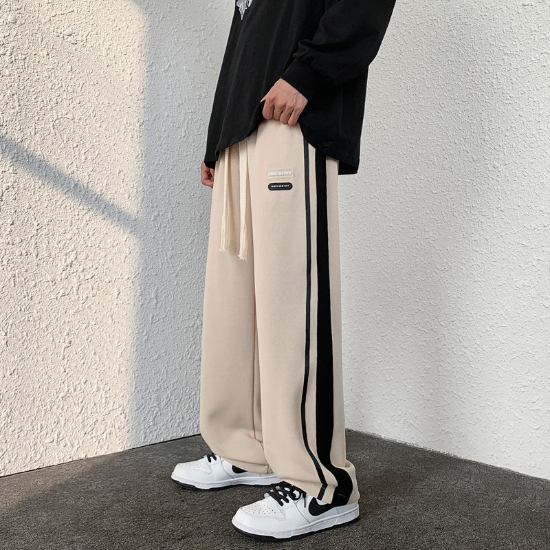 裤子男春季侧条纹休闲宽松直筒阔腿裤大码高街卫裤-K332-P45卡其,男装休闲裤,星座307-3(原516-1)