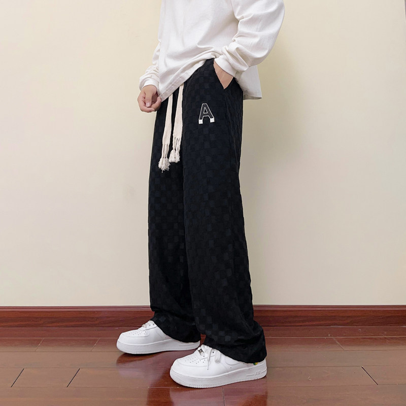 春季裤子男宽松棋盘格休闲长裤港风垂感直筒阔腿裤潮-K628-P45黑图片