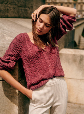 针织开衫女法式外套复古红色v领直筒长袖初春季2025年新款上衣