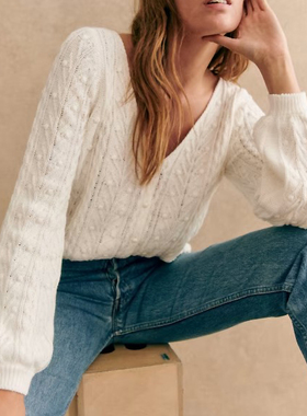 白色针织开衫外套女V领法式复古春秋季长袖短款2025新款女装毛衣