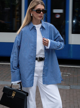 竖条纹衬衫女蓝色宽松法式简约纯棉2025新款通勤慵懒春秋休闲上衣