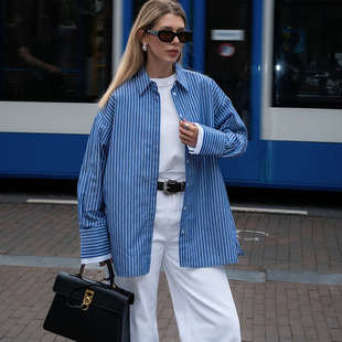 通勤慵懒春秋休闲上衣 简约纯棉2025新款 竖条纹衬衫 女蓝色宽松法式