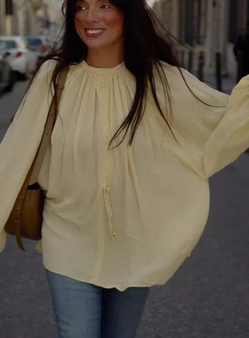 黄色圆领长袖衬衫女2025春秋新款法式温柔风宽松百搭慵懒风上衣