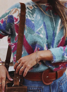 宽松毛衣女套头慵懒法式复古油画风2025年新款印花休闲针织上衣