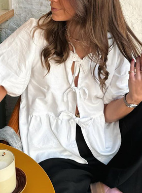 法式风衬衫女复古时尚休闲纯棉系带式泡泡袖2025新款春秋夏上衣女