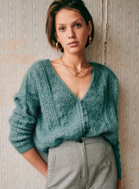 开衫外套女针织短款法式镂空V领春季新款针织衫薄款慵懒宽松长袖