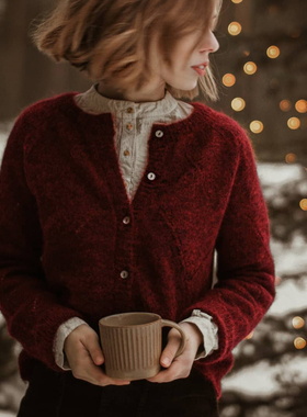 毛衣毛衣外套开衫女春秋款法式复古红色短款马海毛上衣vintage