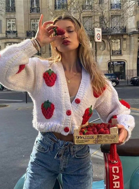 草莓毛衣女2025新款秋冬宽松慵懒风针织衫法式短款ins外套上衣