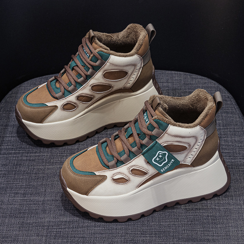 秋冬加绒老爹鞋女2025新款真皮爆款时尚复古增高厚底运动保暖高帮