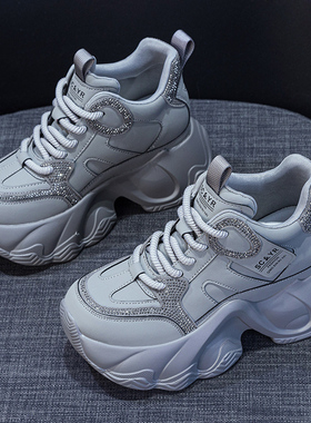灰色老爹鞋女2025新款爆款秋冬季加绒真皮厚底小个子内增高运动鞋