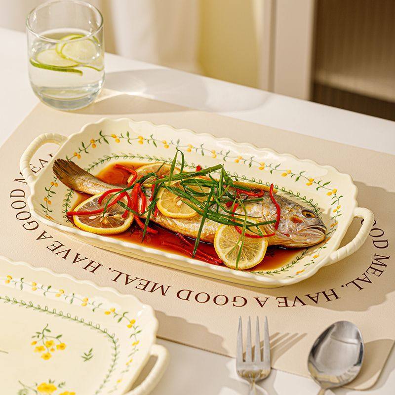 日式家用新款盘子菜盘蒸鱼盘陶瓷餐盘高级感双耳盘菜碟子深盘餐具,厨房/烹饪用具,导热盘/解冻盘,淘宝优惠券,粉丝福利购,淘宝优惠卷