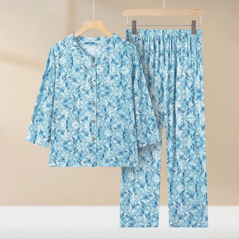 老年女奶奶夏季套装长袖长裤妈妈夏装绵绸两件套老人开衫太太衣服