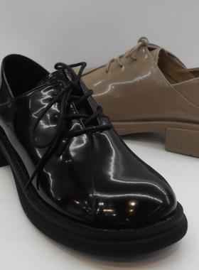 巴迪ya女鞋秋新款欧洲站真皮低跟圆头英伦系带休闲单鞋19902