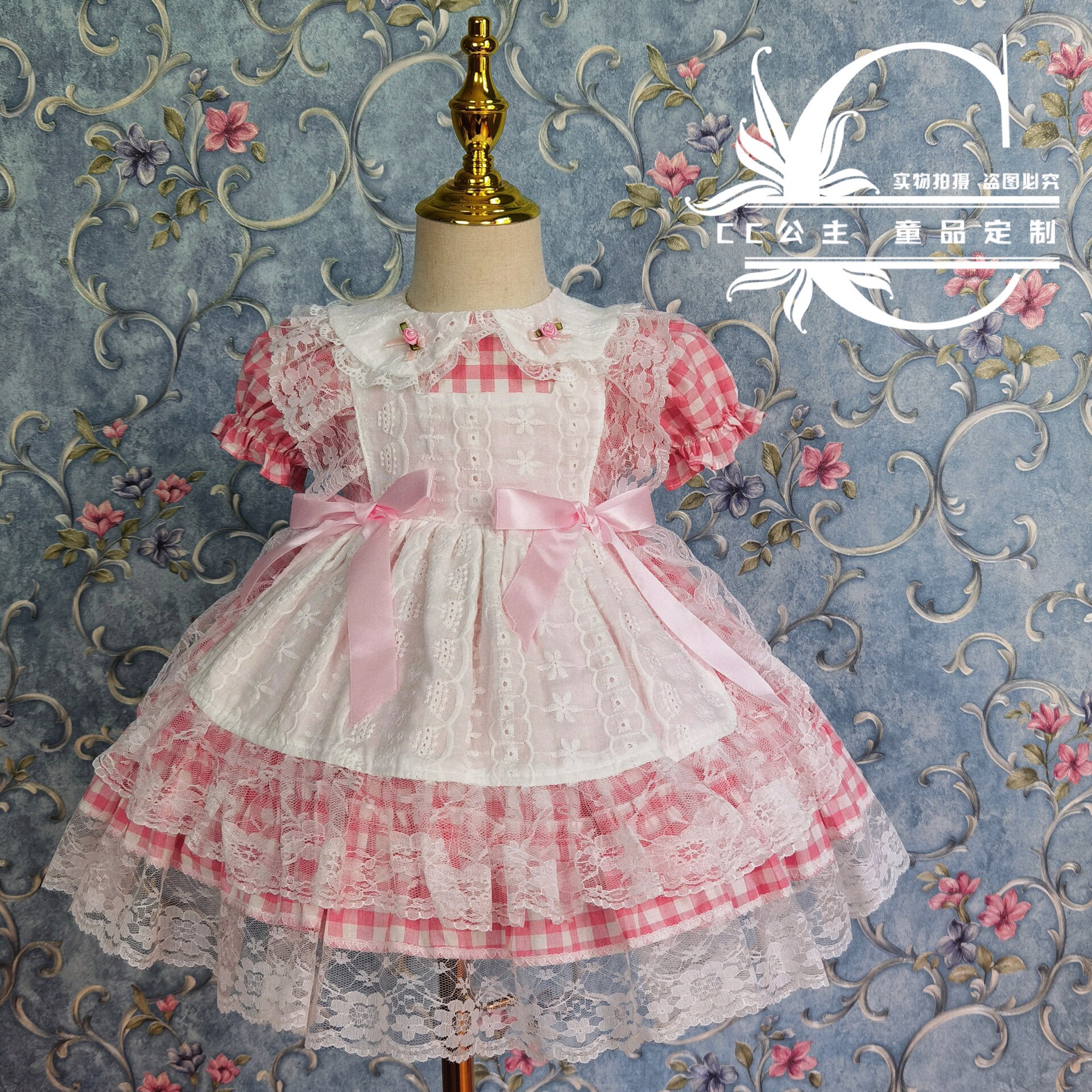 夏女童甜美粉色格子洛丽塔女仆连衣裙生日公主裙lolita可爱娃娃裙