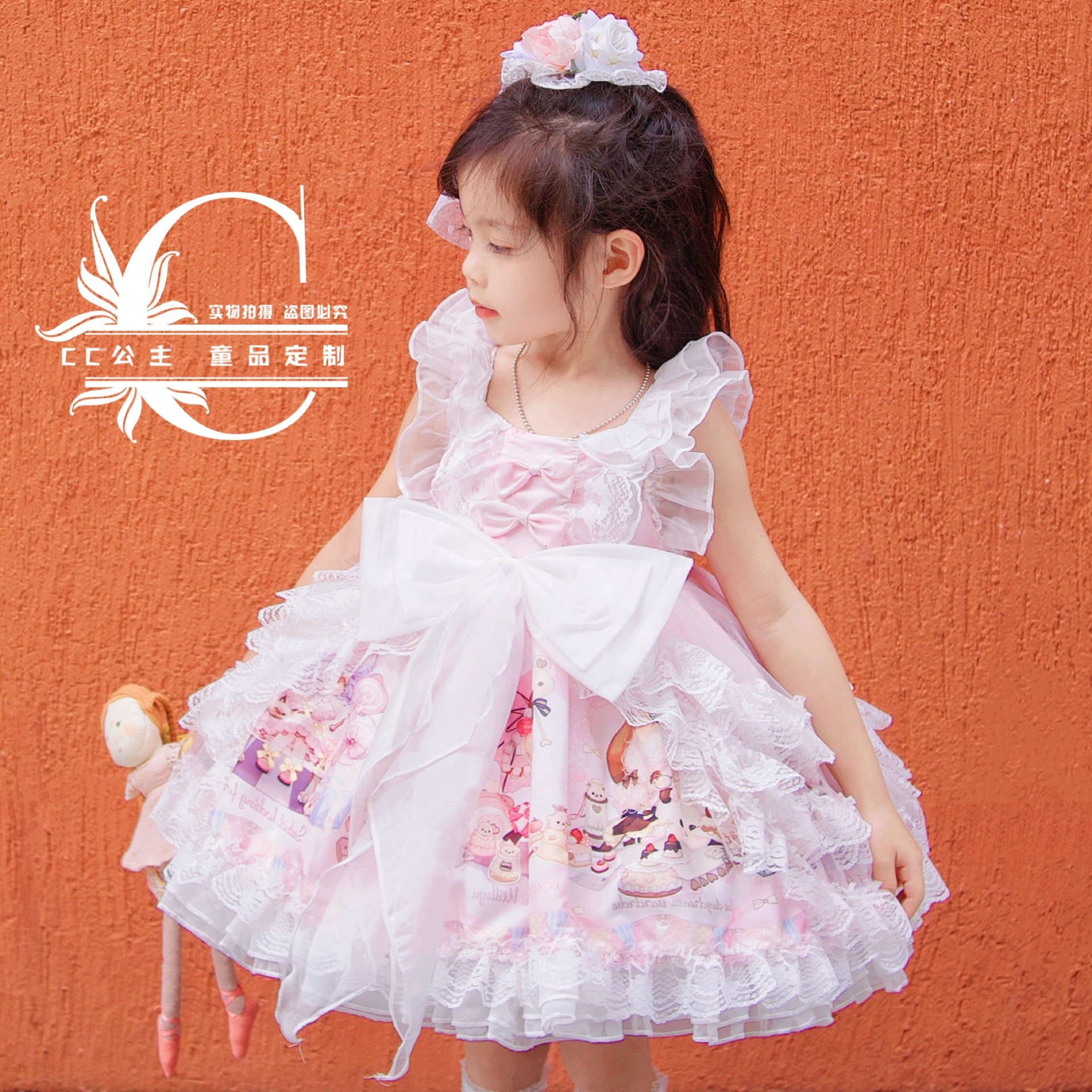 夏女童原创甜美粉色洛丽塔连衣裙蓬蓬迪士尼公主裙生日礼服背心裙