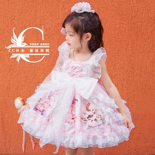 夏女童原创甜美粉色洛丽塔连衣裙蓬蓬迪士尼公主裙生日礼服背心裙