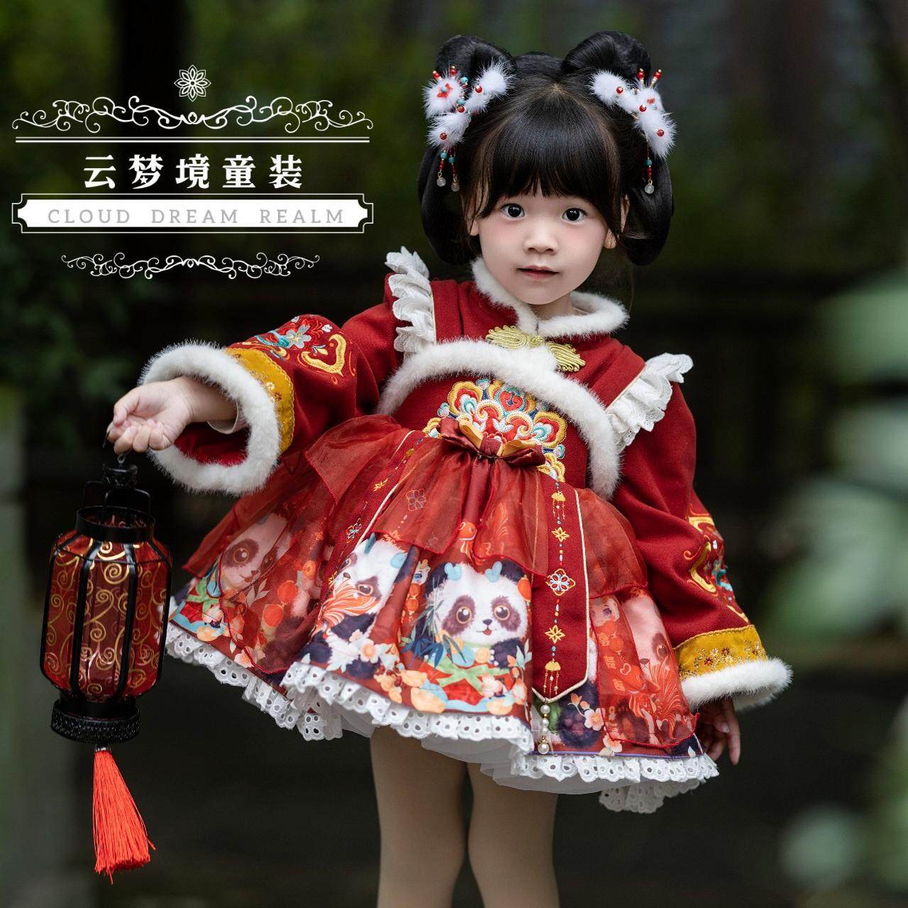 秋冬新款红色女童公主裙洛丽塔连衣裙汉服春节拜年服宝宝生日礼服