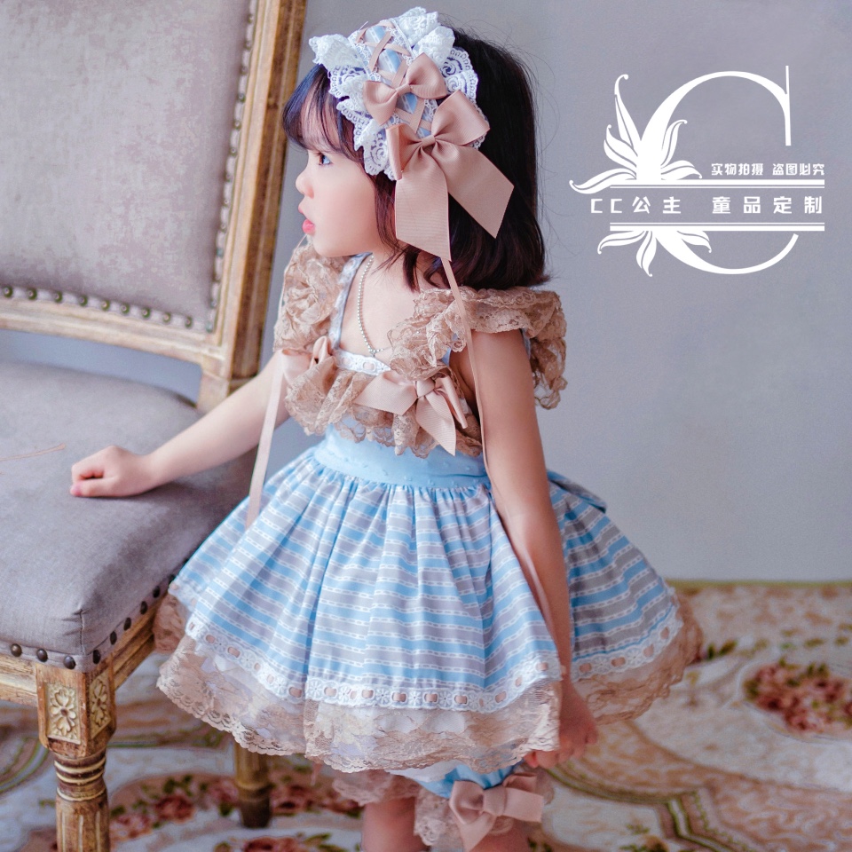 夏女童凉快蓝棕条纹西班牙公主裙洋气套装洛丽塔背带田鸡裙两件套