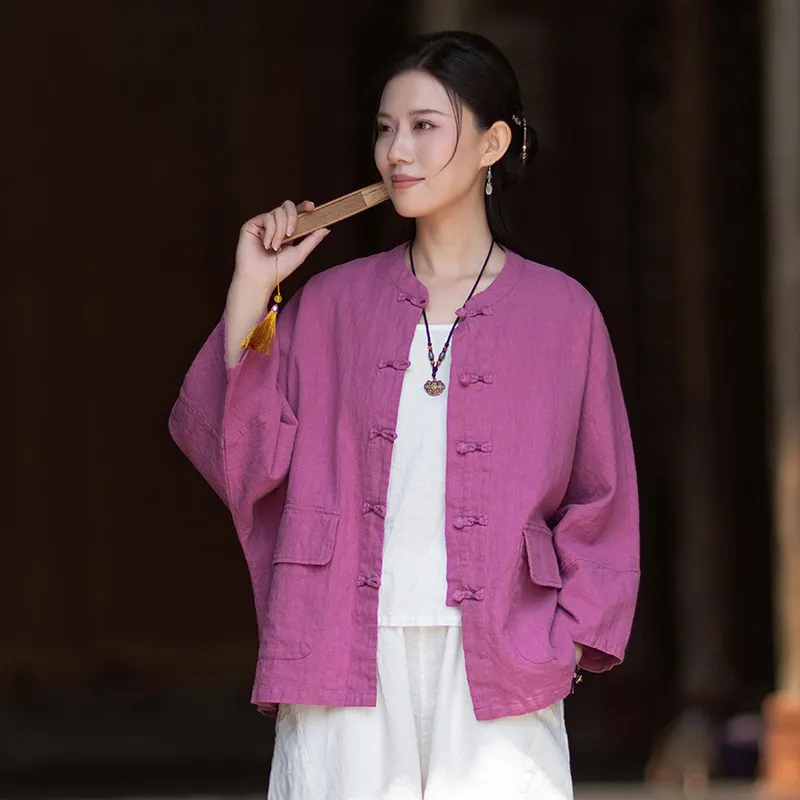 26秋新款原创布衣新中式宽松上衣女衬衫苎麻做旧对襟改良唐装开衫