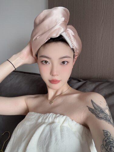 明星款高端粉色丝绸干发帽包头巾