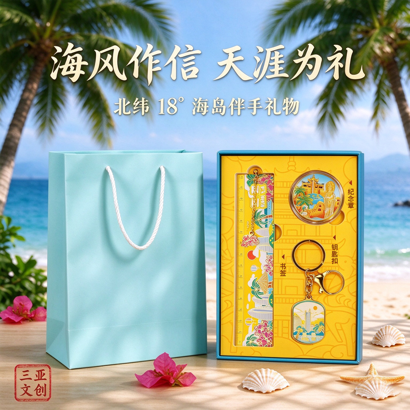 三亚文创纪念品礼盒套装钥匙扣书签海南椰岛周边城市旅游伴手礼物
