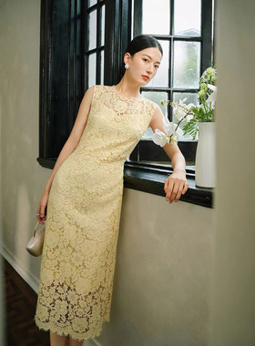 2025新款黄色蕾丝连衣裙女装潮款修身显瘦无袖气质女士爆款旗袍裙
