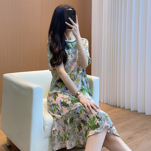 夏季2025年新款轻奢洋气高档绿花真丝连衣裙女桑蚕丝鱼尾裙T恤裙