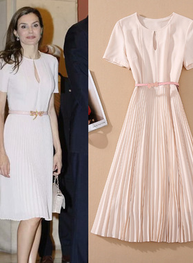 王妃同款高品质重工拼接百褶大摆短袖连衣裙配腰带藕粉色2025