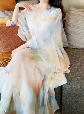女装桑蚕丝连衣裙女士高感喇叭袖不规则下摆长裙（特价）