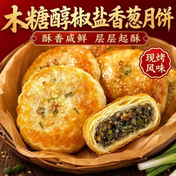 木糖醇椒盐香葱味月饼咸口老式点心葱酥金黄诱人浓郁葱香酥皮掉渣