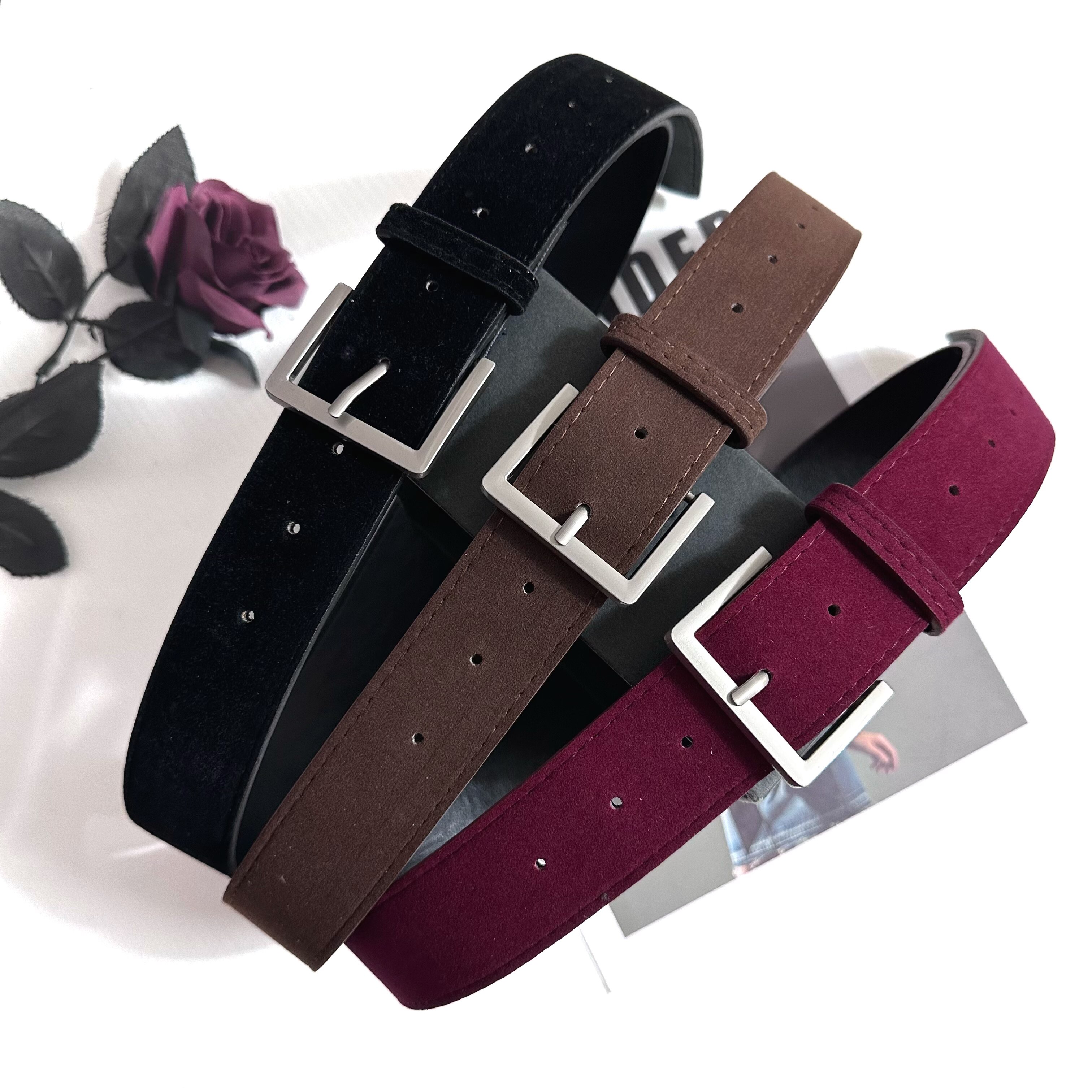 麂皮绒银扣皮带女宽腰带装饰配牛仔裤工装裤绒面磨砂咖色黑色百搭