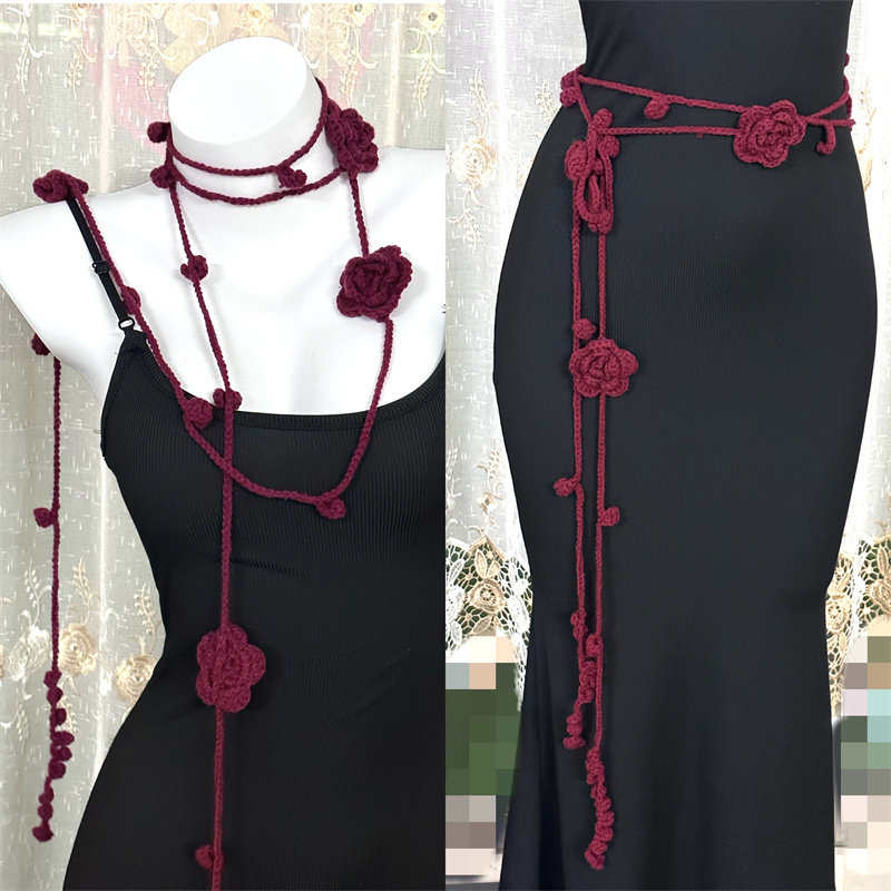 y2k针织红色玫瑰花腰带女士腰链