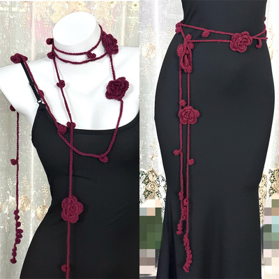 y2k针织红色玫瑰花腰带女士腰链