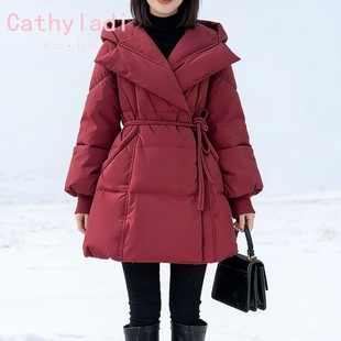 CATHYLADI新款深红色宽松羽绒服2025年冬季加厚保暖中长款外套女