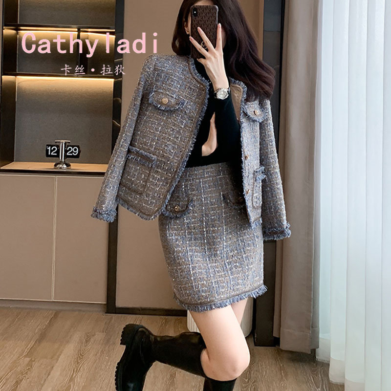 CATHYLADI粗花呢显瘦短款外套半身裙两件套2025秋法式小香风套装