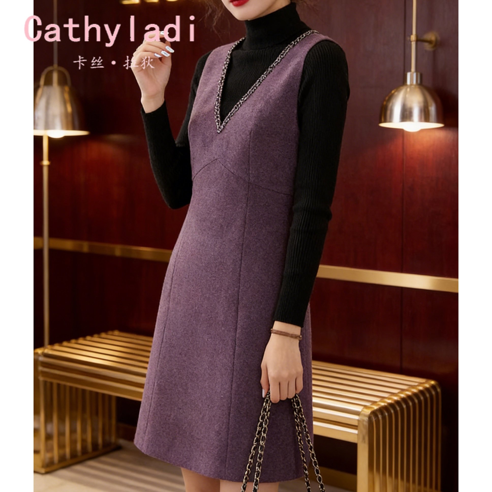 CATHYLADI法式名媛无袖背心裙2026年冬季新款气质休闲紫色A字裙女