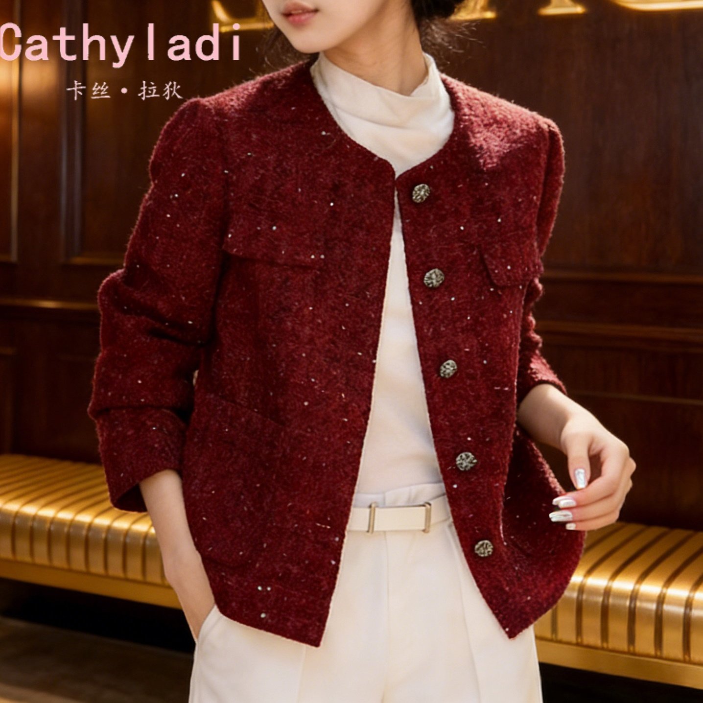 CATHYLADI气质小香风红色外套2026年秋季新款单排扣洋气长袖上衣