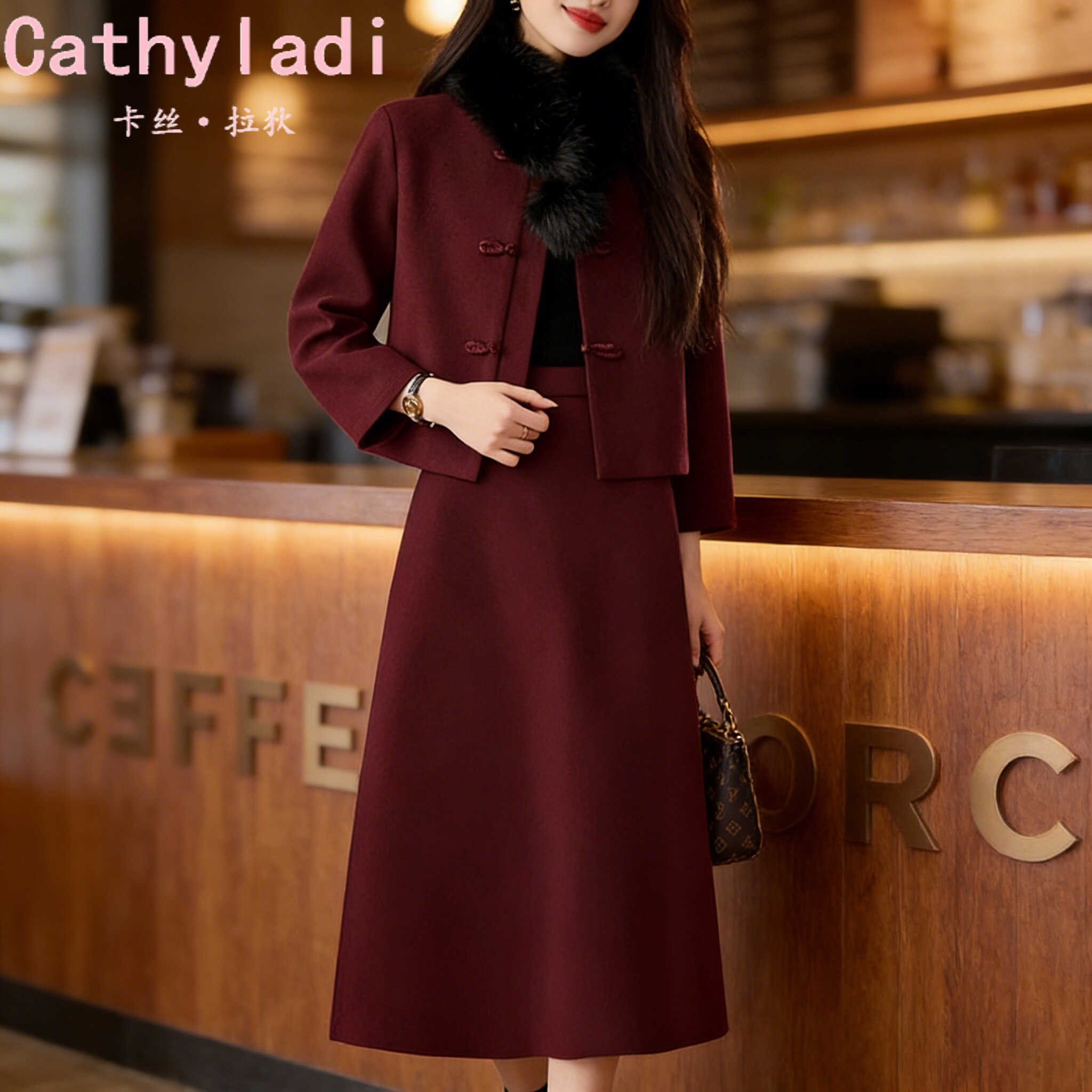 CATHYLADI新中式复古国风套装2025年冬季盘扣外套半身裙两件套女