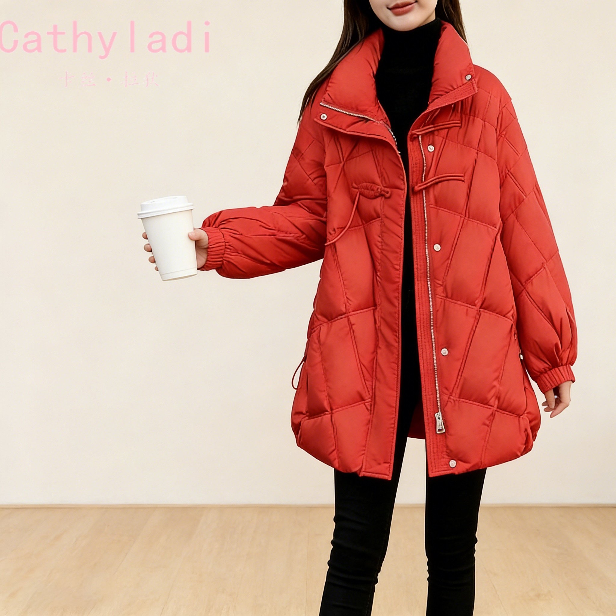 CATHYLADI红色保暖中长款羽绒服2026年冬季小个子时尚宽松外套女