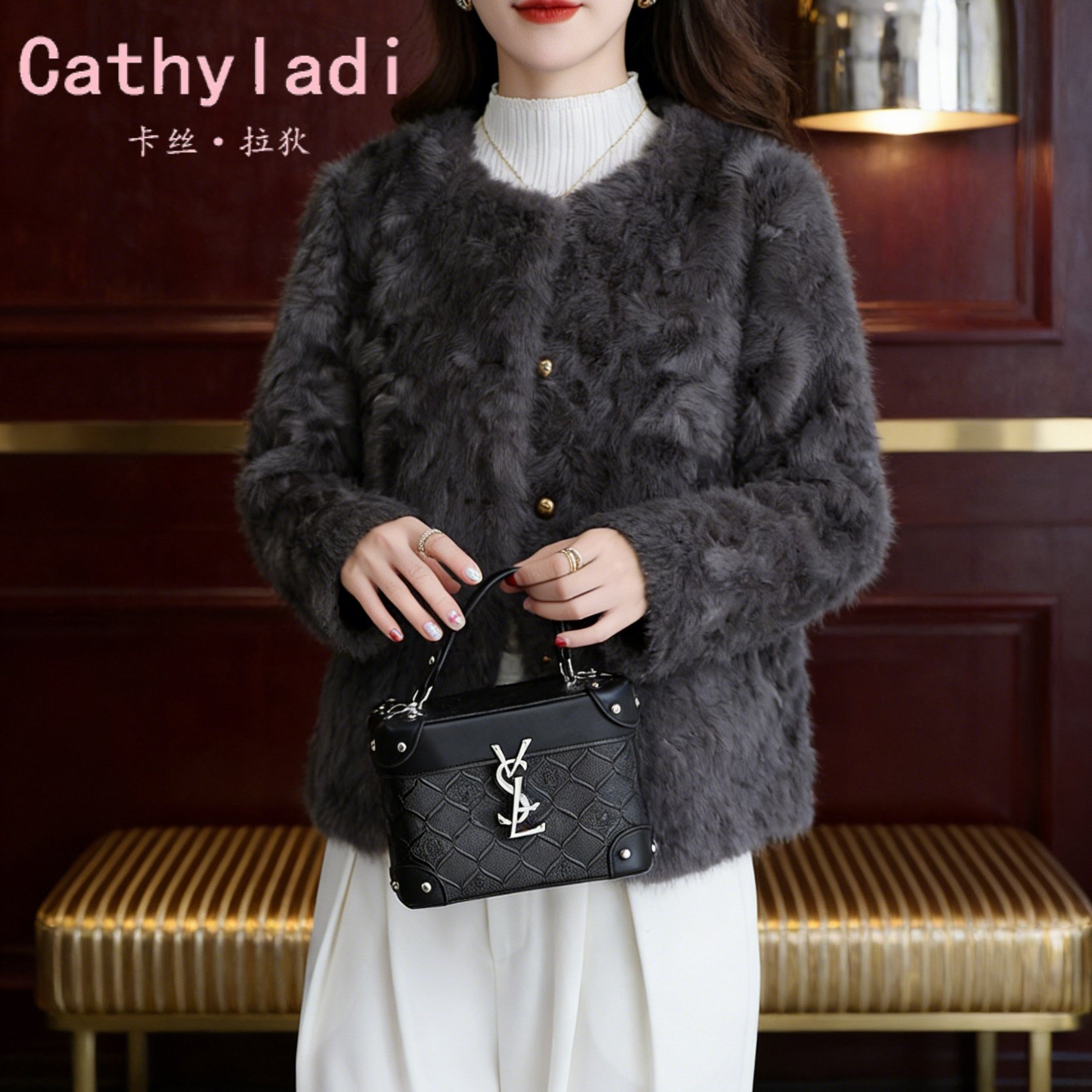 CATHYLADI名媛灰色圆领短款外套2026年冬季保暖轻奢高级感上衣女