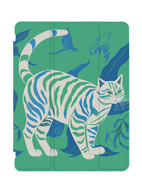 绿色白猫咪简约ins小众适用平板壳iPad7/8/9/10壳2020带笔槽Air2/3/4/5苹果2021第九代11Pro三折mini6保护套