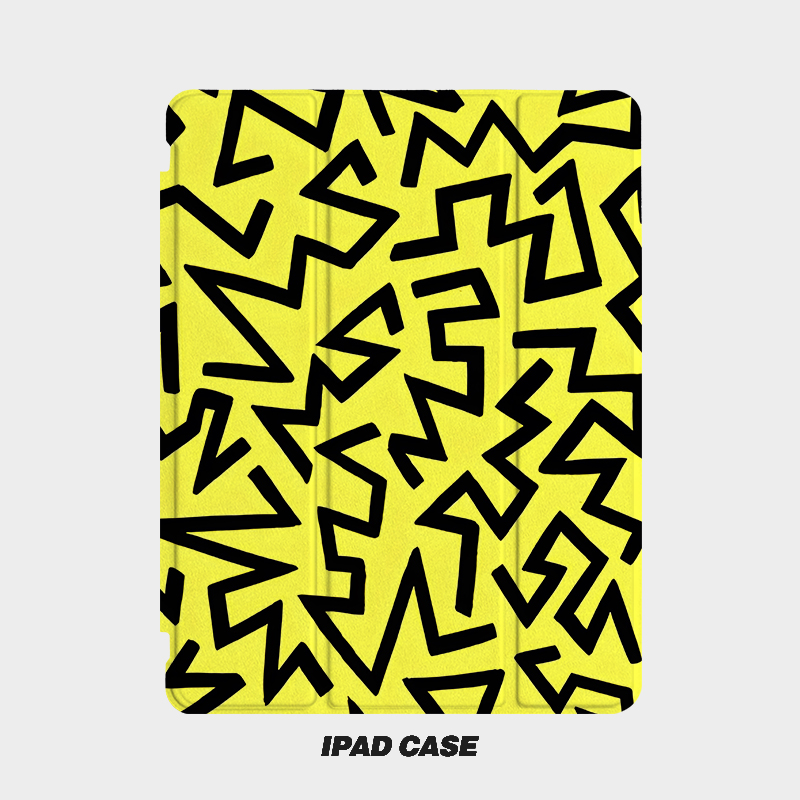 黄色条纹艺术ins小众适用平板壳iPad7/8/9/10壳2020带笔槽Air2/3/4/5苹果2021第九代11Pro三折min